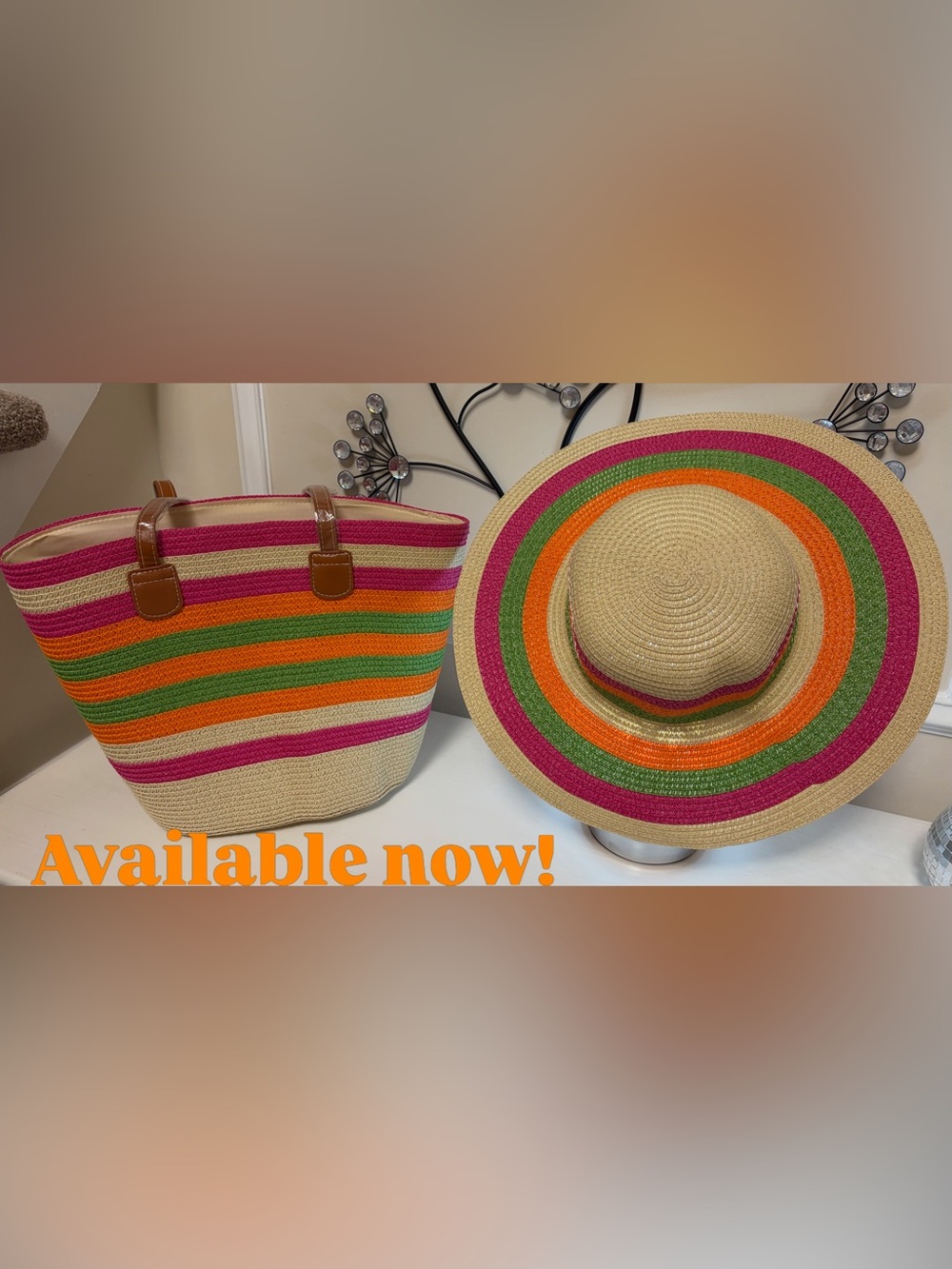 Straw Sun Hat with Pink, Orange & Green Stripes
